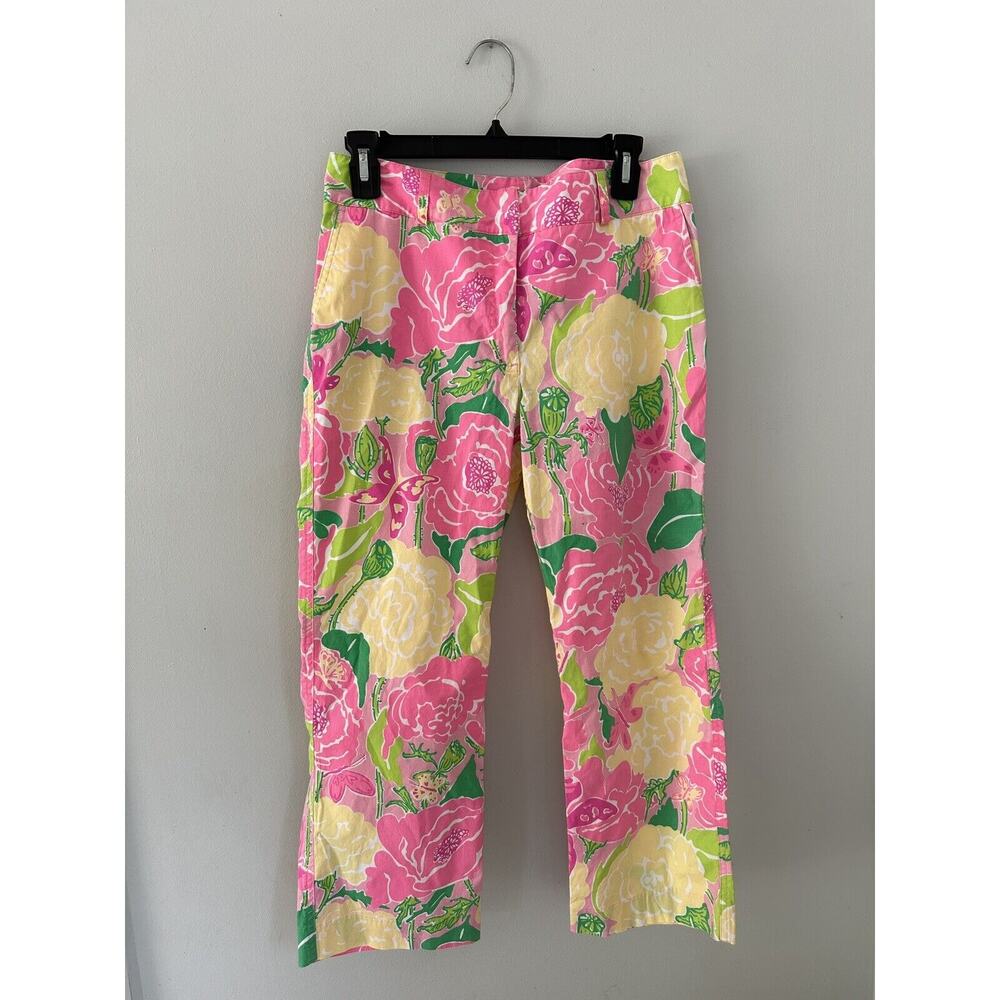 LILLY PULITZER Pink Stretch Cotton Poplin Capri Shoo Fly Floral Pants 6 Size Med